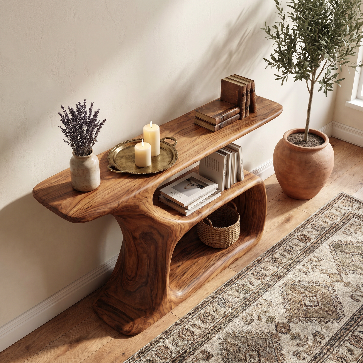 Solid Wood Console Table with Sculptural Open Shelf Base