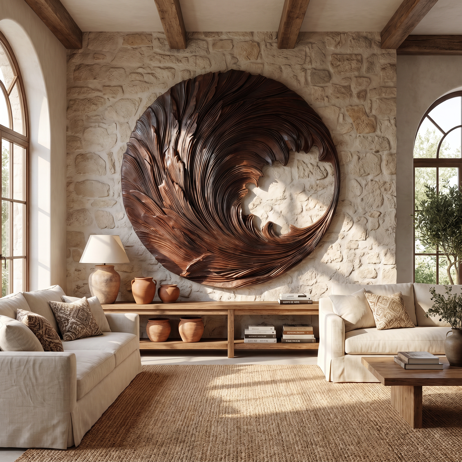 Round Solid Wood Wave Wall Sculpture for Living Room