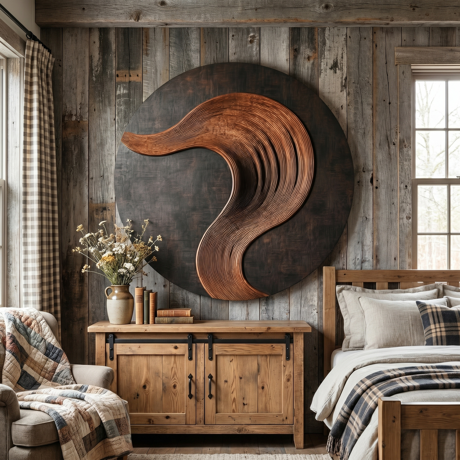 Round Solid Wood Wall Art with Sculptural Curved Relief