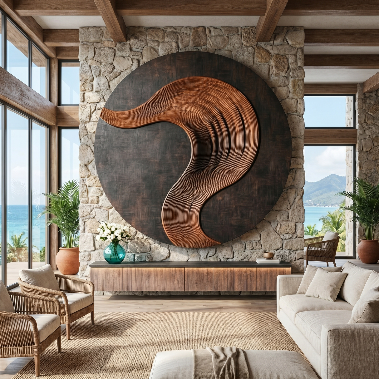 Round Solid Wood Wall Art with Sculptural Curved Relief