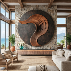 Round Solid Wood Wall Art with Sculptural Curved Relief