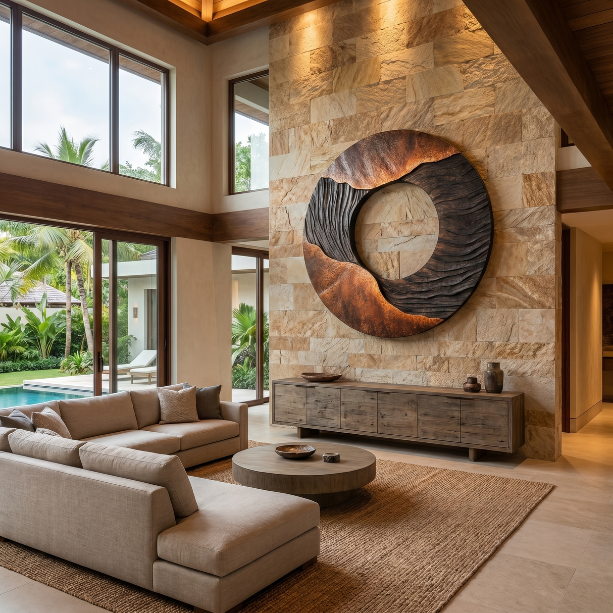 Round Solid Wood Wall Art with Open Center Relief Design