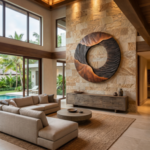 Round Solid Wood Wall Art with Open Center Relief Design