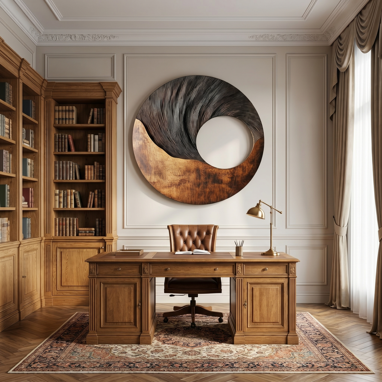 Round Solid Wood Wall Art with Textured Spiral Open Center