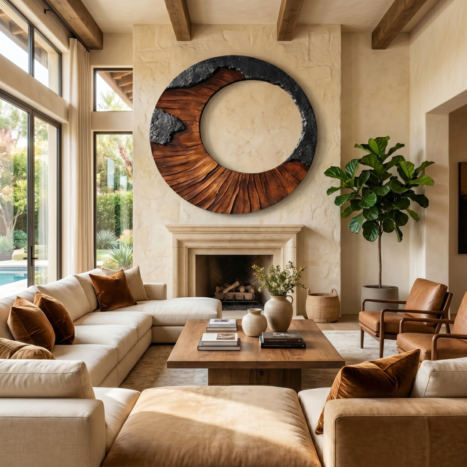 Round Solid Wood Wall Sculpture with Open Center and Textured Contrast