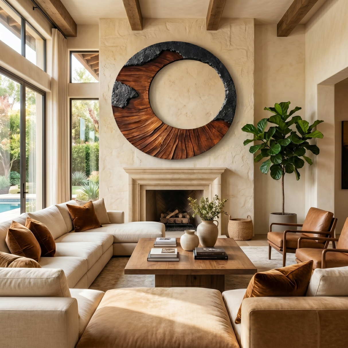 Round Solid Wood Wall Sculpture with Open Center and Textured Contrast