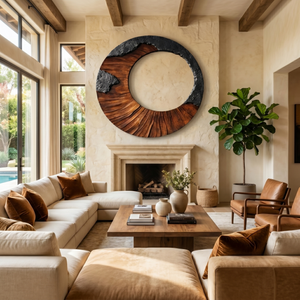 Round Solid Wood Wall Sculpture with Open Center and Textured Contrast