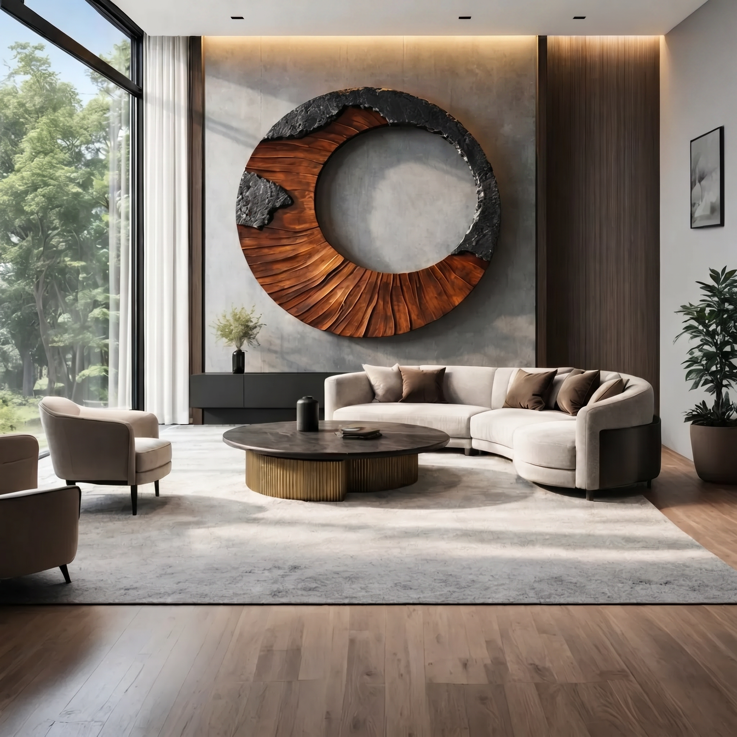 Round Solid Wood Wall Sculpture with Open Center and Textured Contrast