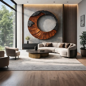 Round Solid Wood Wall Sculpture with Open Center and Textured Contrast