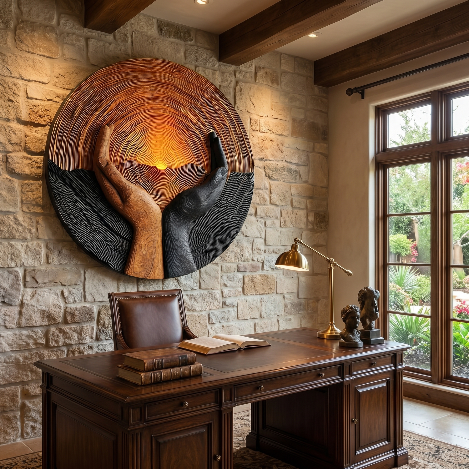 Solid Wood Wall Art with Protective Hands and Rising Sun Relief