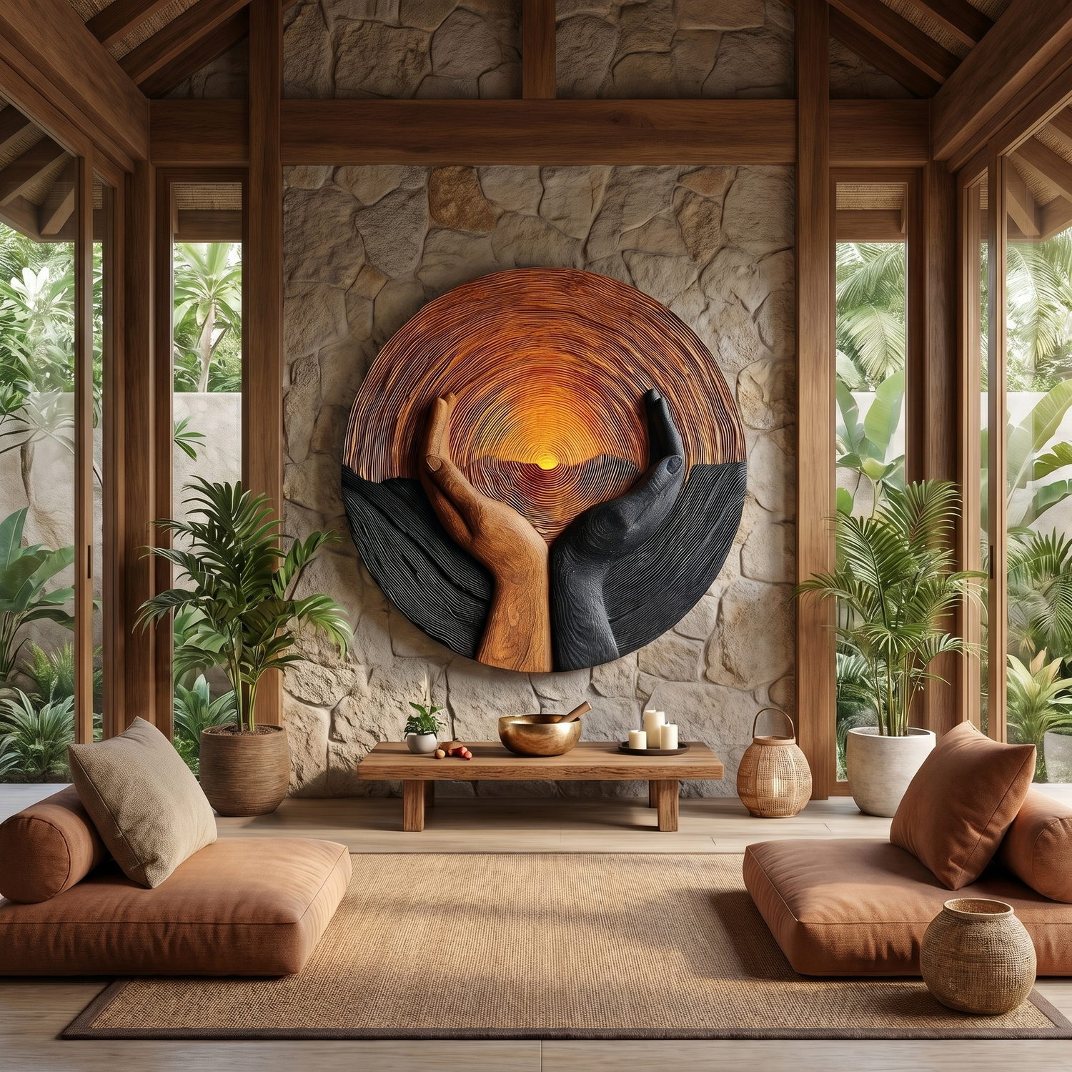 Solid Wood Wall Art with Protective Hands and Rising Sun Relief