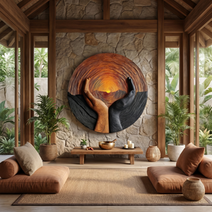 Solid Wood Wall Art with Protective Hands and Rising Sun Relief