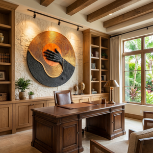 Handcrafted Solid Wood Wall Sculpture with Circular Relief and Expressive Hand Motif