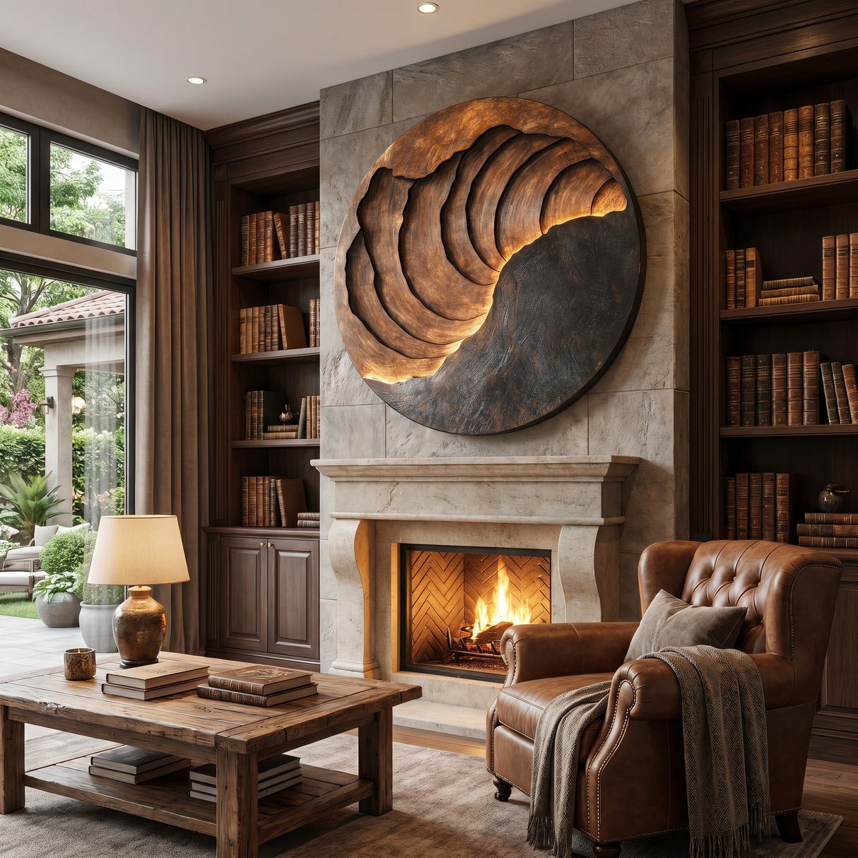 Handcrafted Solid Wood Wall Sculpture with Circular Layered Relief Design