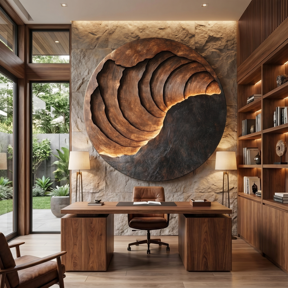 Handcrafted Solid Wood Wall Sculpture with Circular Layered Relief Design