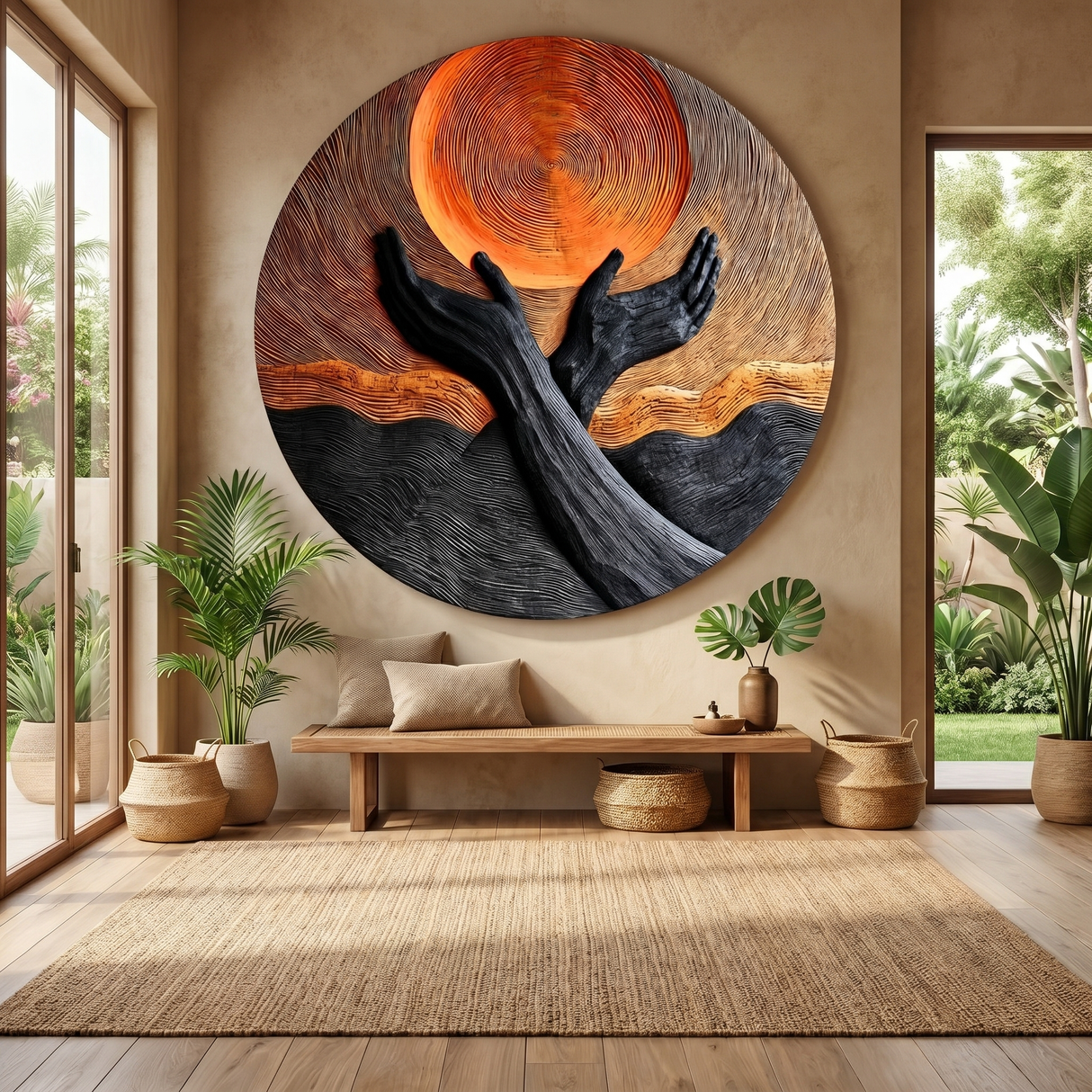 Handcrafted Solid Wood Wall Art with Circular Relief and Rising Hands Motif