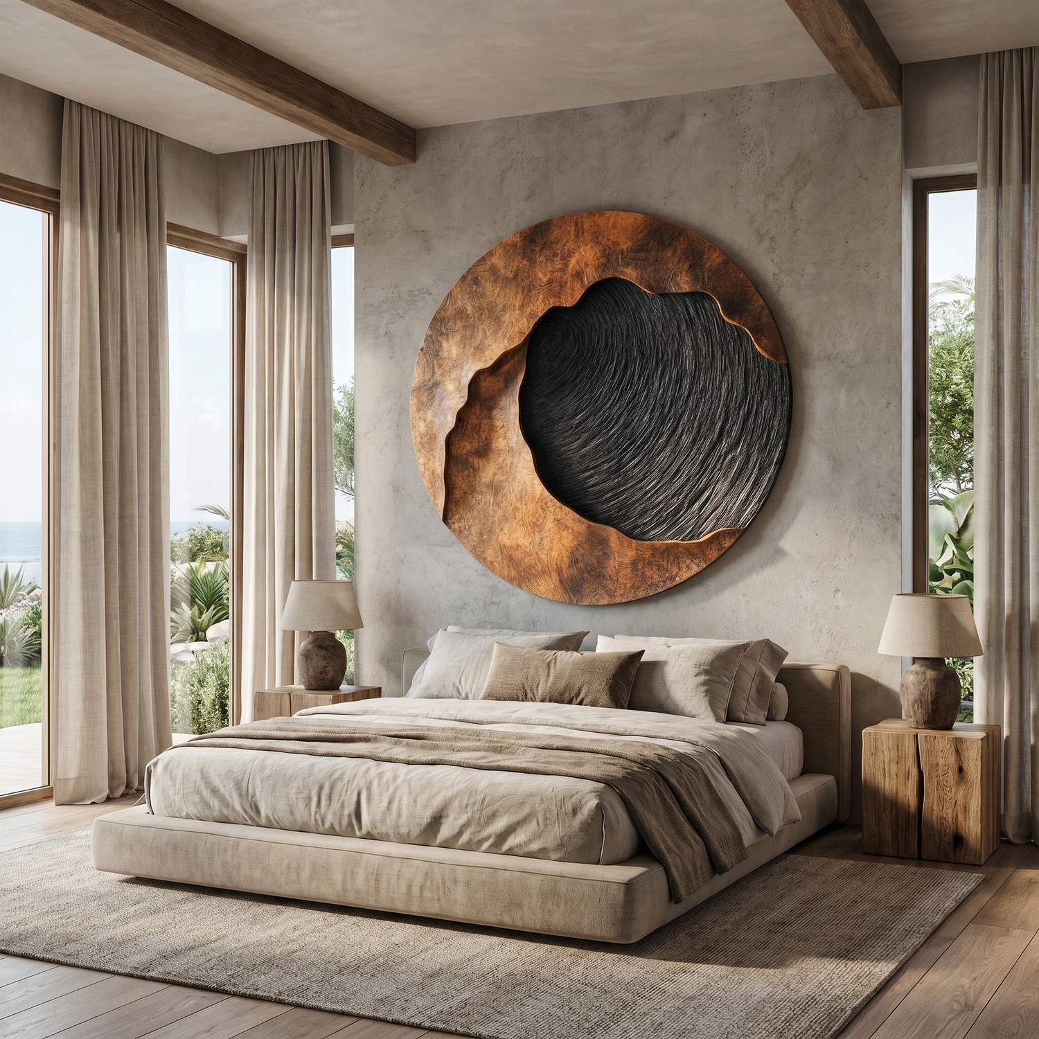 Handcrafted Solid Wood Wall Sculpture with Abstract Circular Relief Form