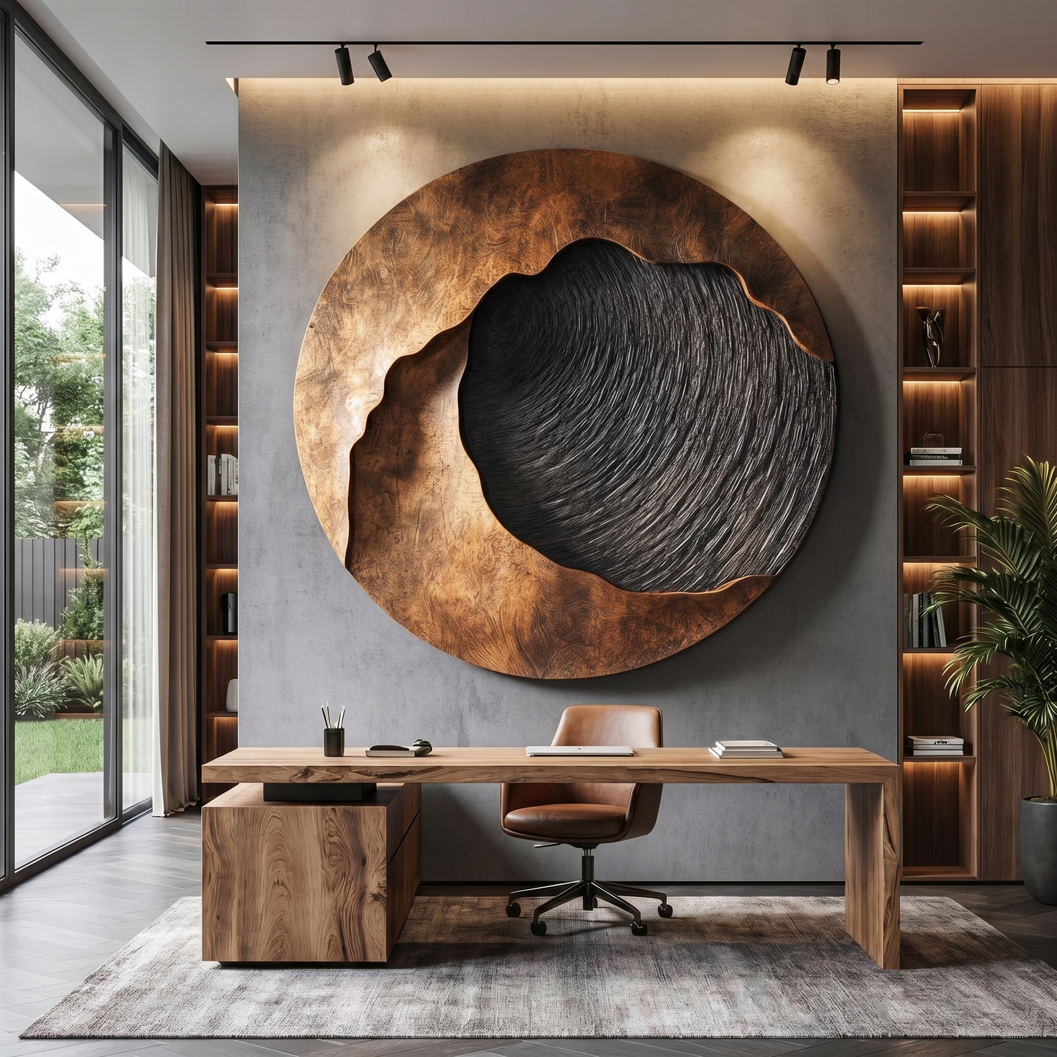 Handcrafted Solid Wood Wall Sculpture with Abstract Circular Relief Form