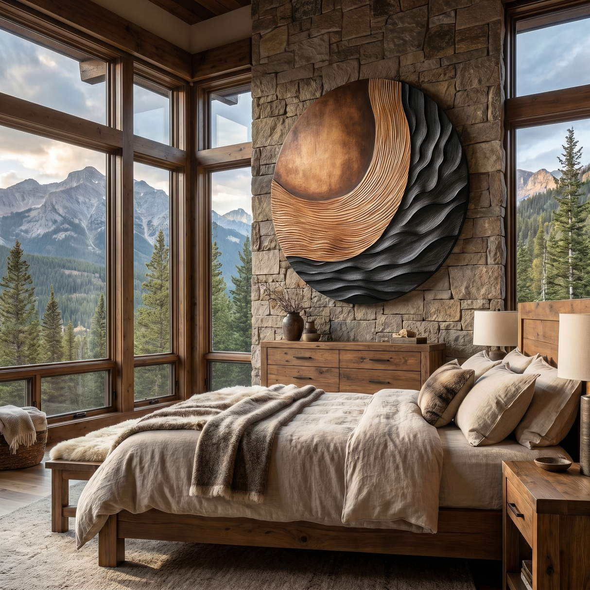 Handcrafted Solid Wood Wall Art with Circular Relief and Flowing Wave Design