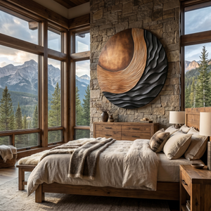 Handcrafted Solid Wood Wall Art with Circular Relief and Flowing Wave Design