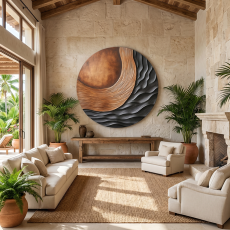 Handcrafted Solid Wood Wall Art with Circular Relief and Flowing Wave Design