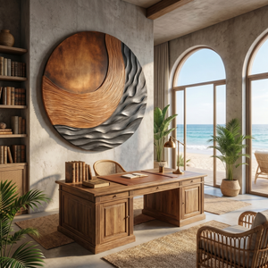 Handcrafted Solid Wood Wall Art with Circular Relief and Flowing Wave Design