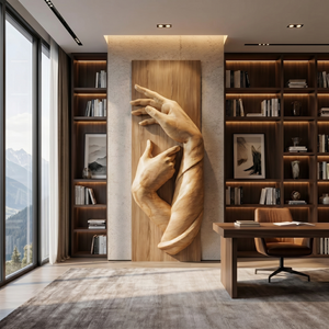 Monumental Solid Wood Wall Sculpture with Intertwined Hands Relief Panel