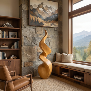 Handcrafted Solid Wood Floor Sculpture with Twisting Flame Form