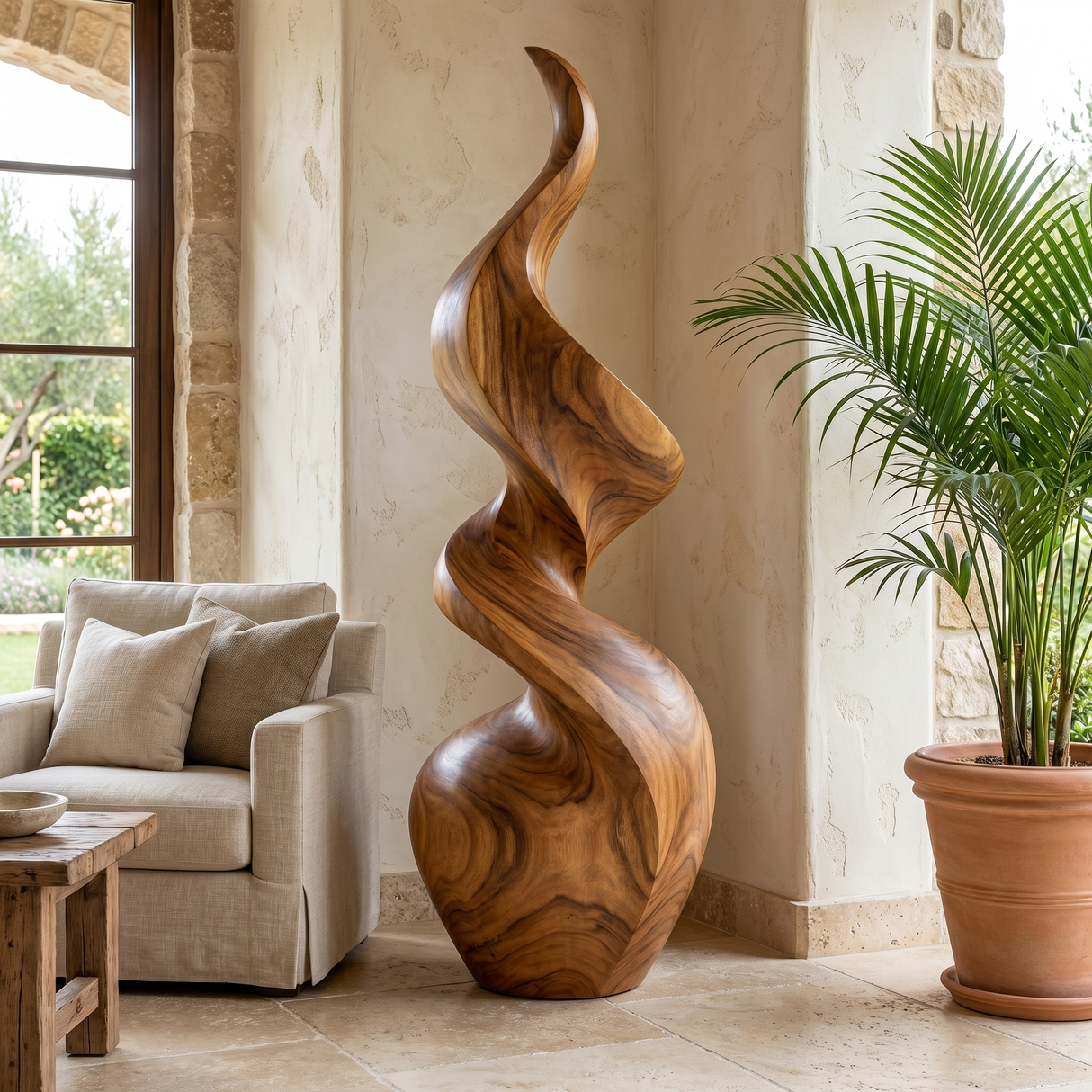 Handcrafted Solid Wood Floor Sculpture with Twisting Flame Form