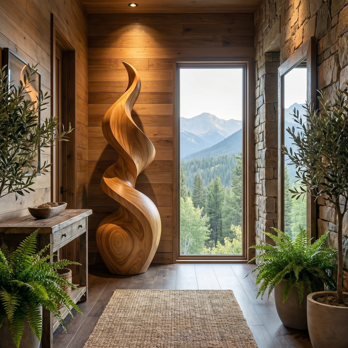 Handcrafted Solid Wood Floor Sculpture with Twisting Flame Form