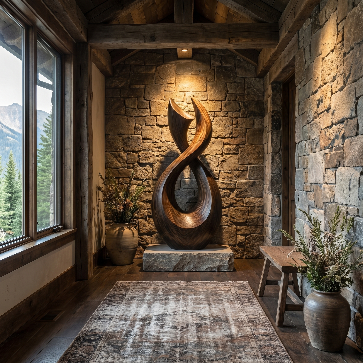 Handcrafted Solid Wood Garden Sculpture with Twisting Open Form