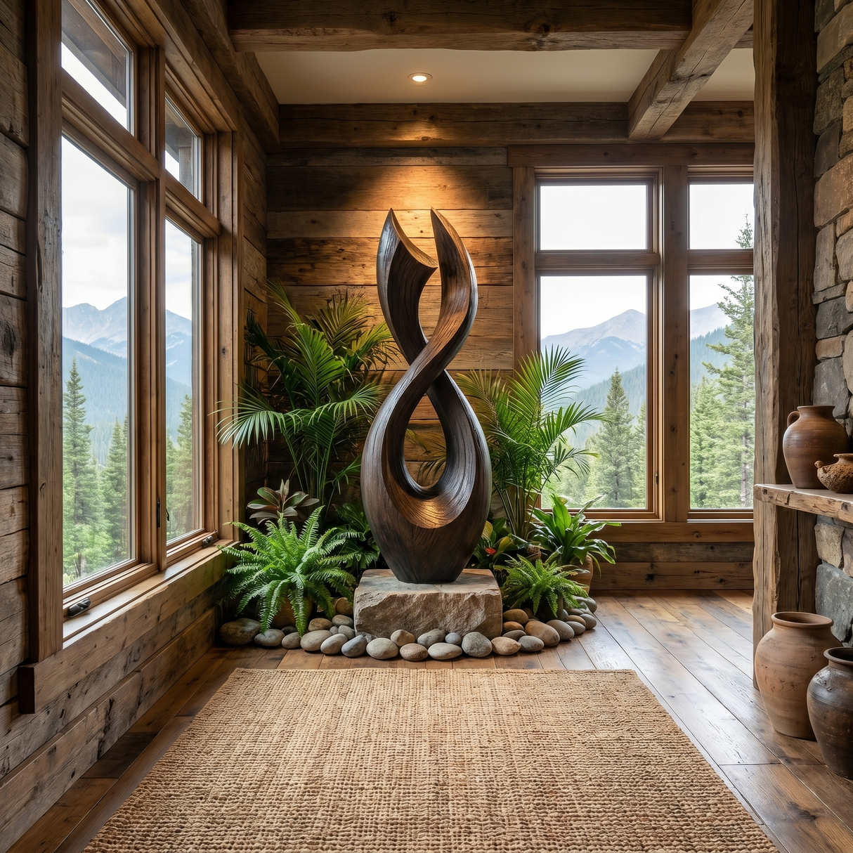 Handcrafted Solid Wood Garden Sculpture with Twisting Open Form