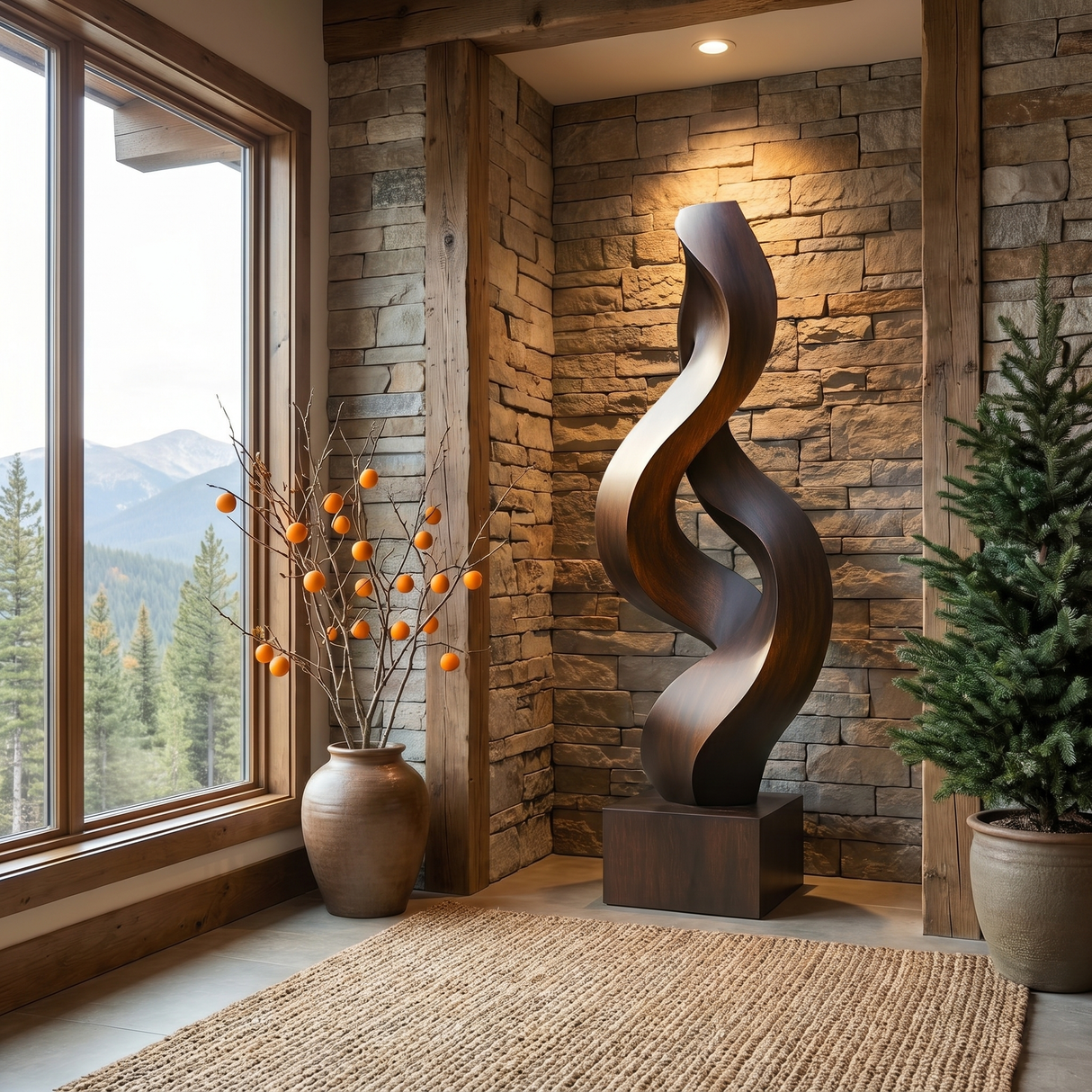 Handcrafted Solid Wood Outdoor Sculpture with Twisting Ribbon Form