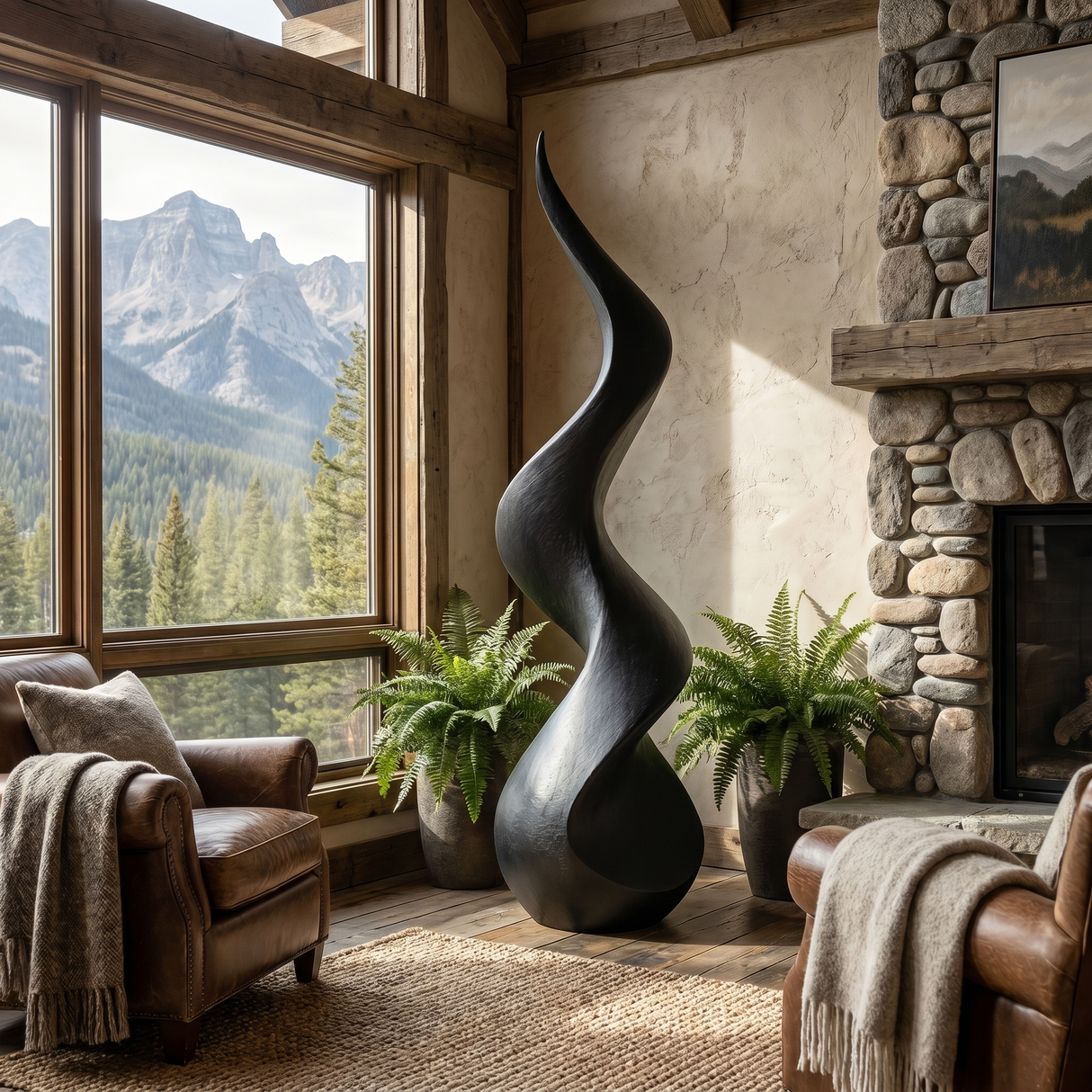Abstract Solid Wood Floor Sculpture with Flowing Flame Silhouette