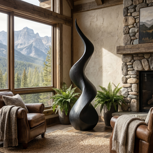 Abstract Solid Wood Floor Sculpture with Flowing Flame Silhouette