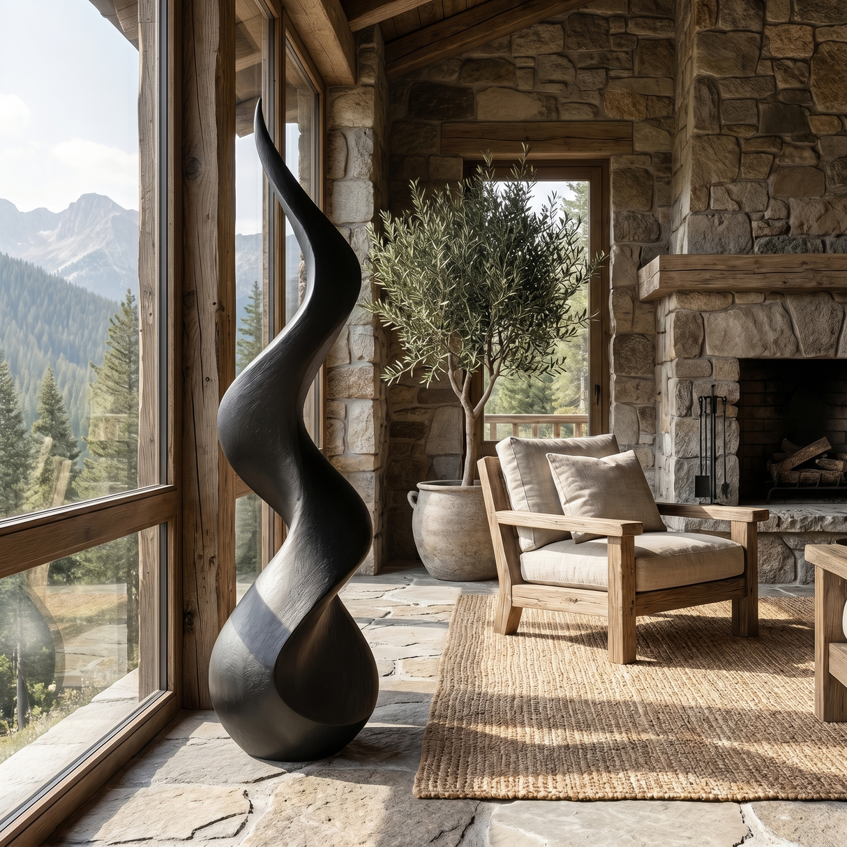 Abstract Solid Wood Floor Sculpture with Flowing Flame Silhouette