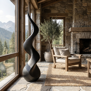 Abstract Solid Wood Floor Sculpture with Flowing Flame Silhouette