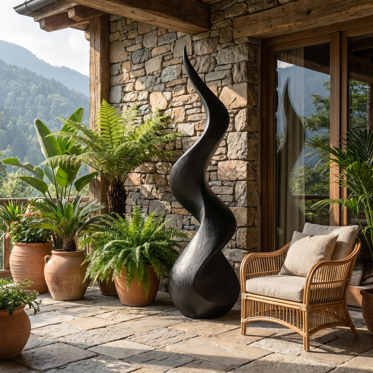Abstract Solid Wood Floor Sculpture with Flowing Flame Silhouette