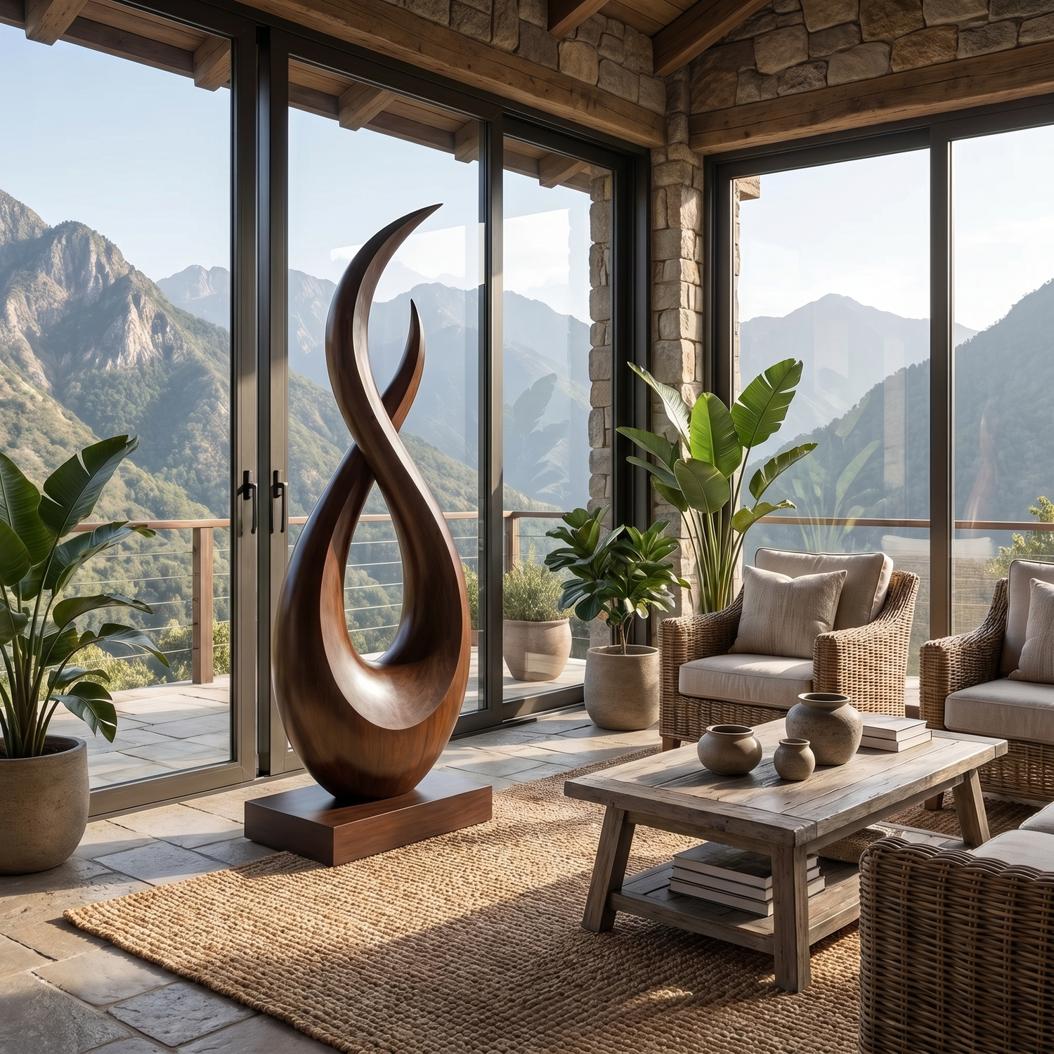 Handcrafted Solid Wood Floor Sculpture with Intertwined Teardrop Form