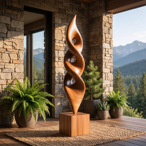 Handcrafted Solid Wood Floor Sculpture with Stacked Spiral Openings