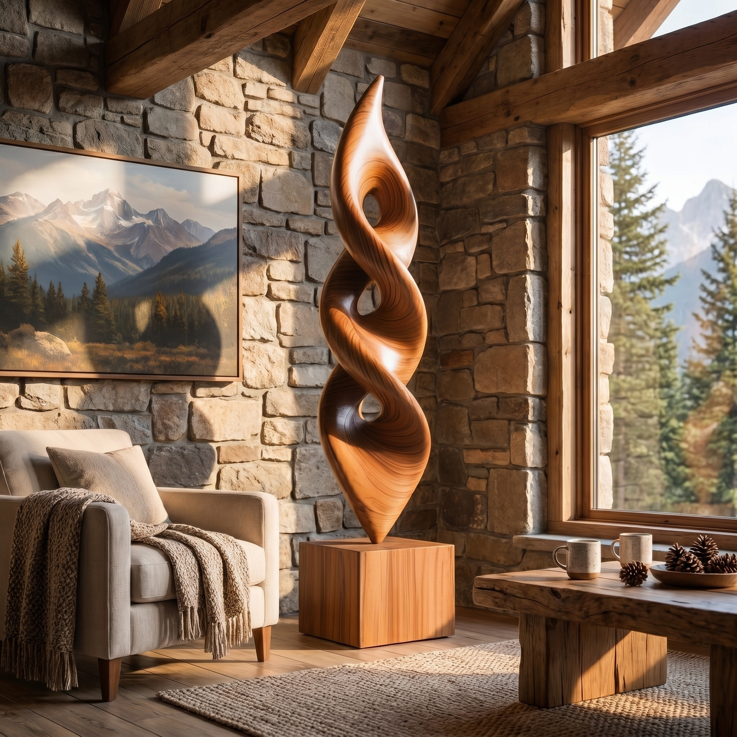 Handcrafted Solid Wood Floor Sculpture with Stacked Spiral Openings