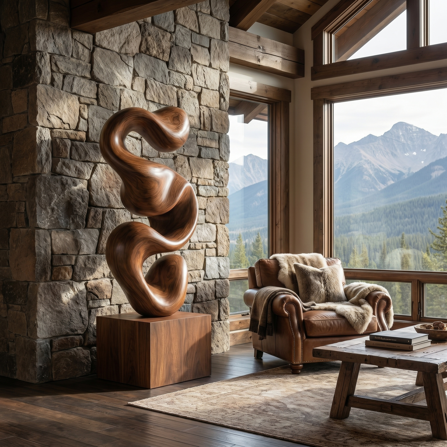 Abstract Solid Wood Floor Sculpture with Organic Stacked Flow Form