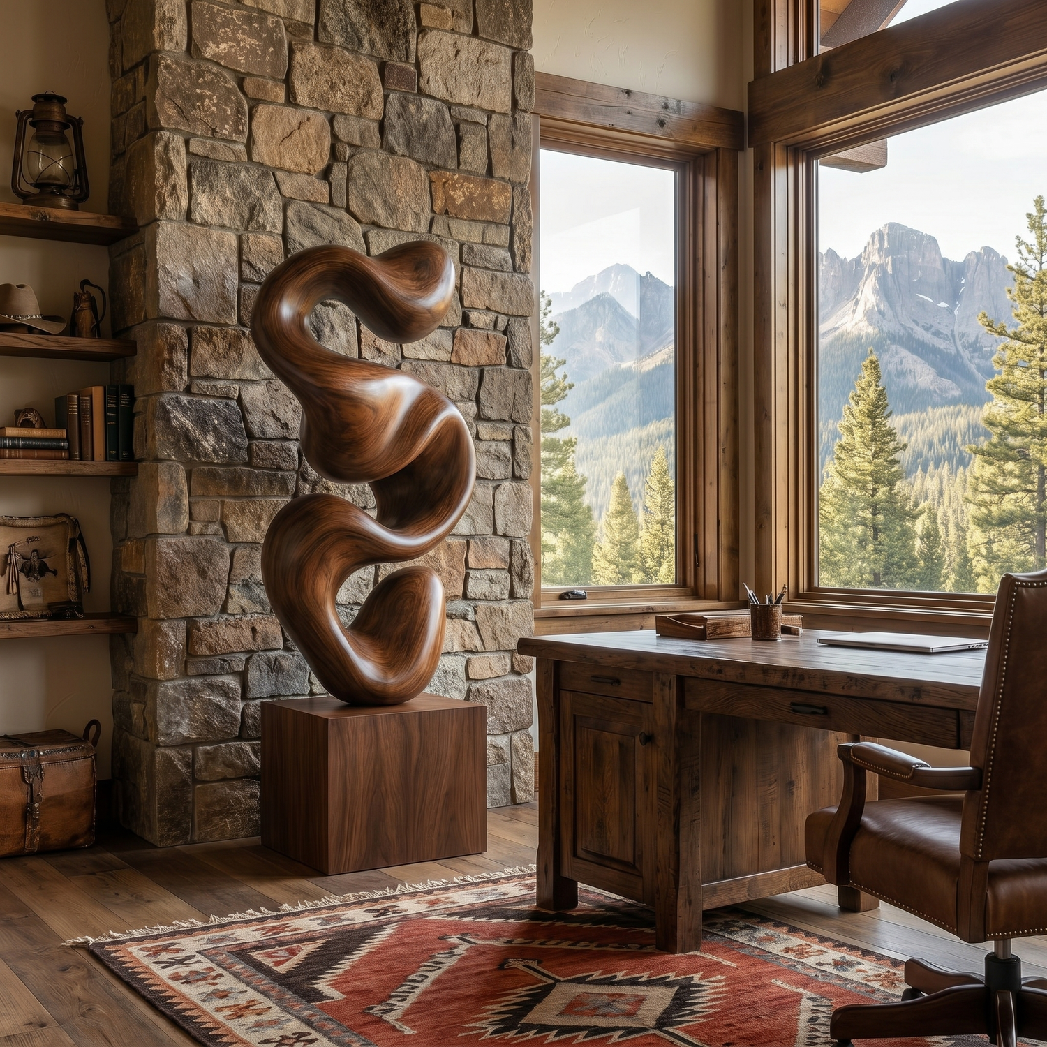 Abstract Solid Wood Floor Sculpture with Organic Stacked Flow Form