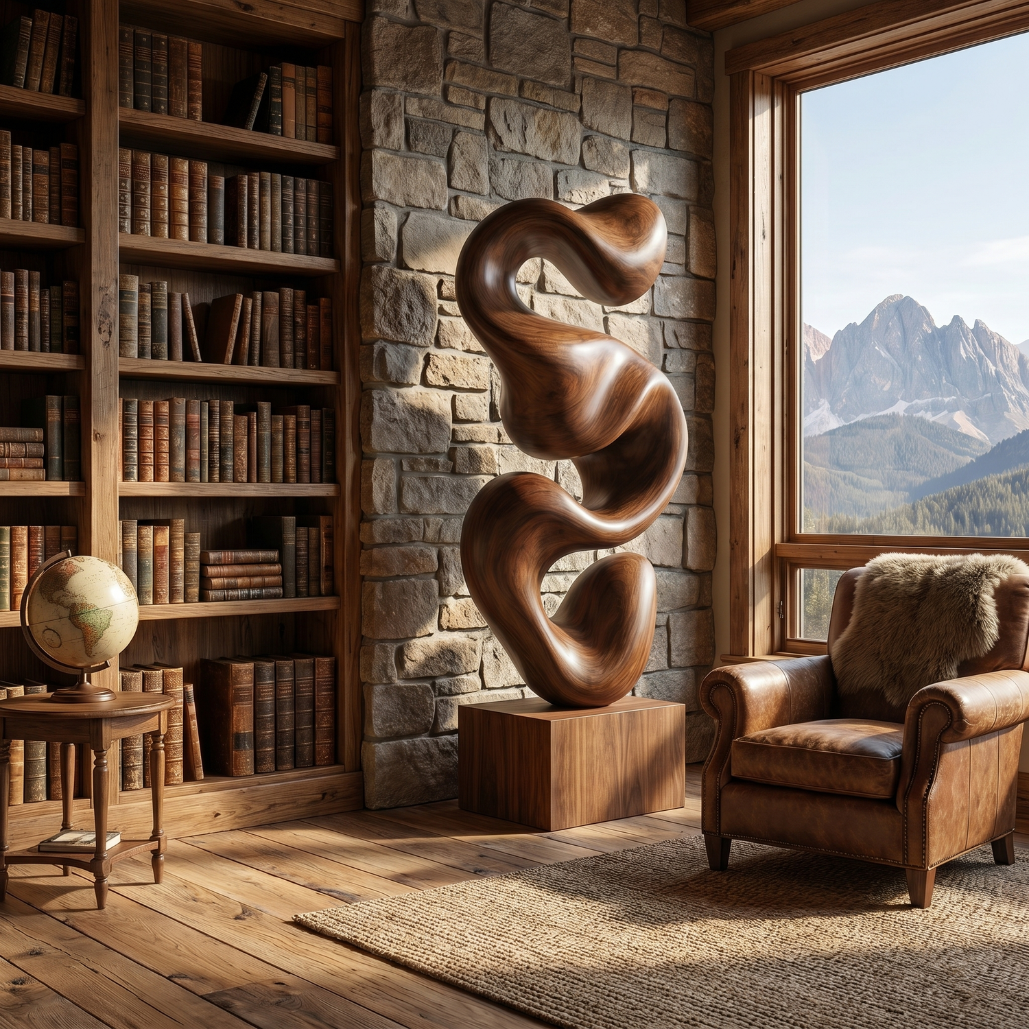 Abstract Solid Wood Floor Sculpture with Organic Stacked Flow Form