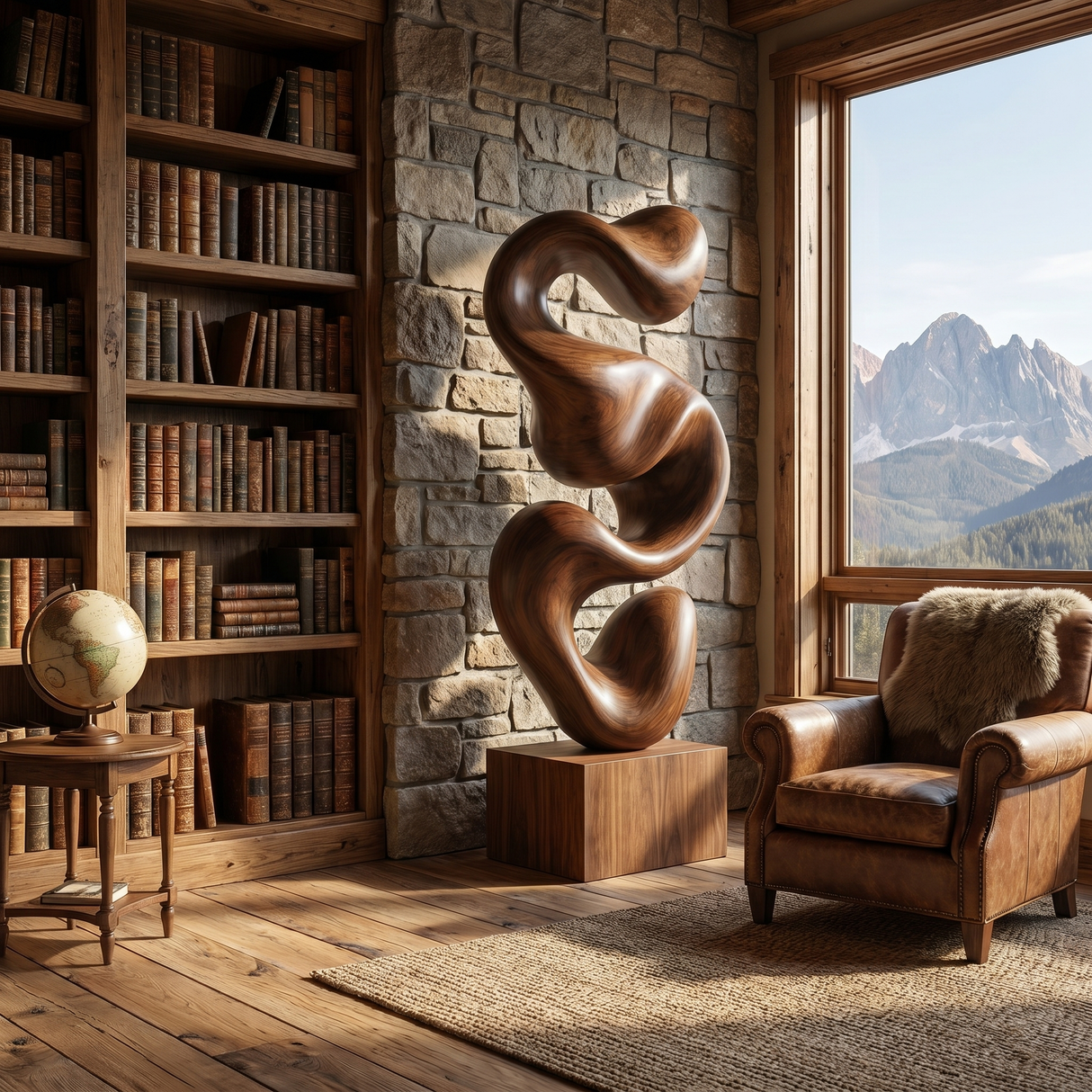 Abstract Solid Wood Floor Sculpture with Organic Stacked Flow Form