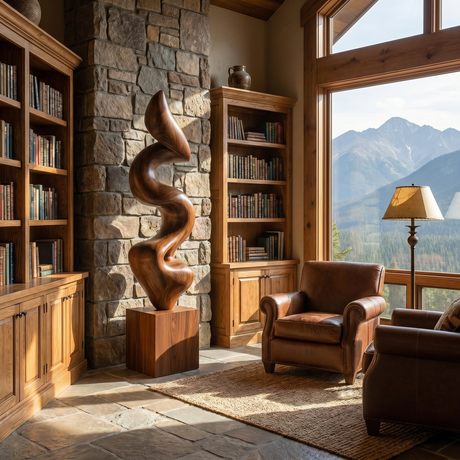 Handcrafted Solid Wood Floor Sculpture with Flowing Vertical Ribbon Form