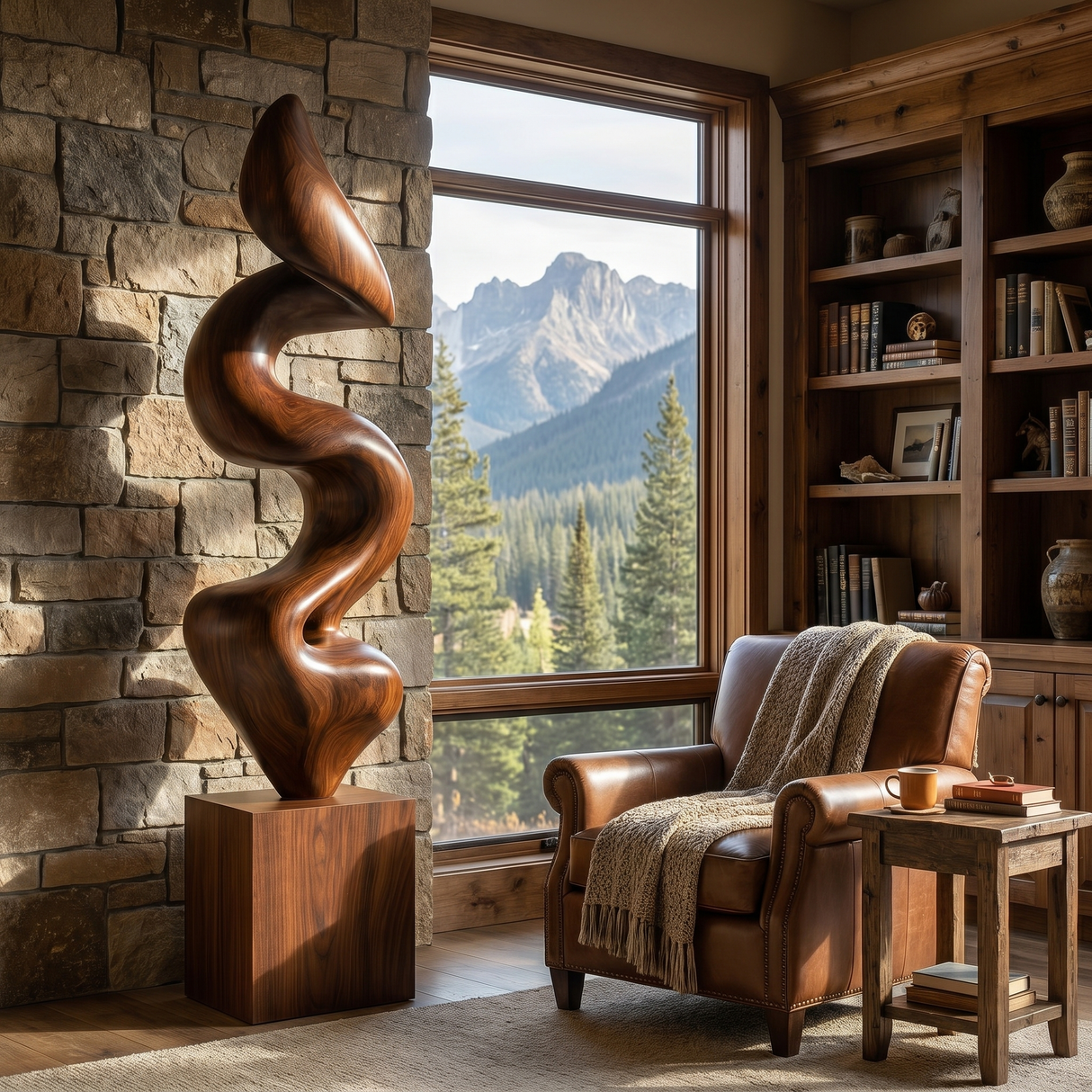 Handcrafted Solid Wood Floor Sculpture with Flowing Vertical Ribbon Form