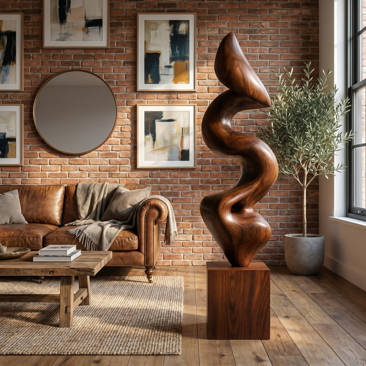 Handcrafted Solid Wood Floor Sculpture with Flowing Vertical Ribbon Form