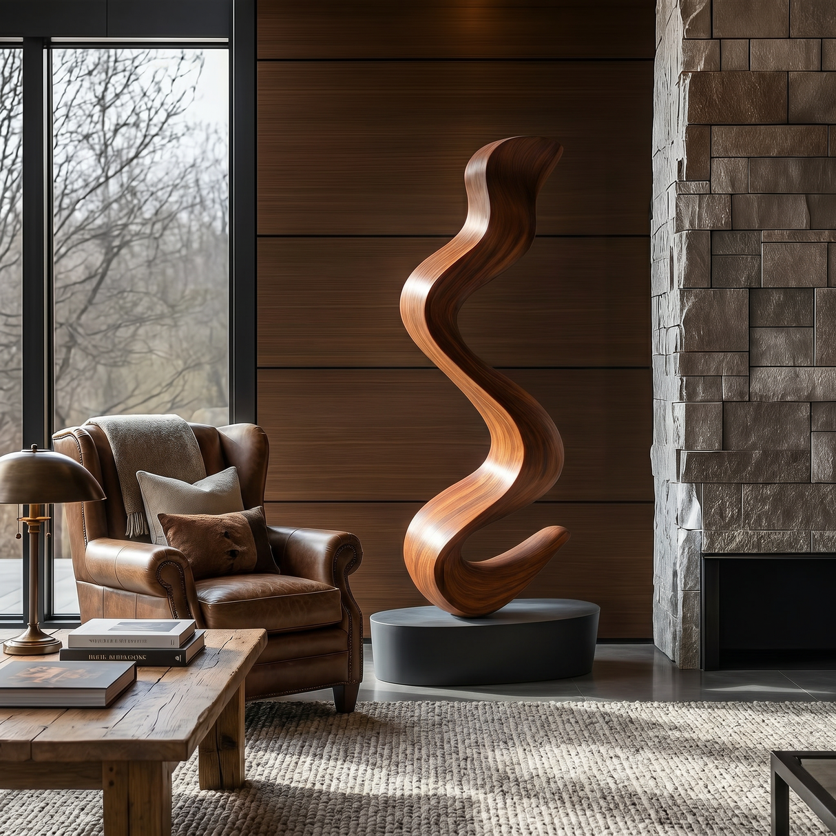Handcrafted Solid Wood Floor Sculpture with Flowing Organic Wave Form