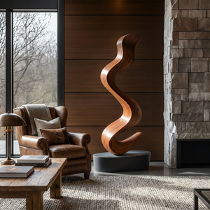 Handcrafted Solid Wood Floor Sculpture with Flowing Organic Wave Form